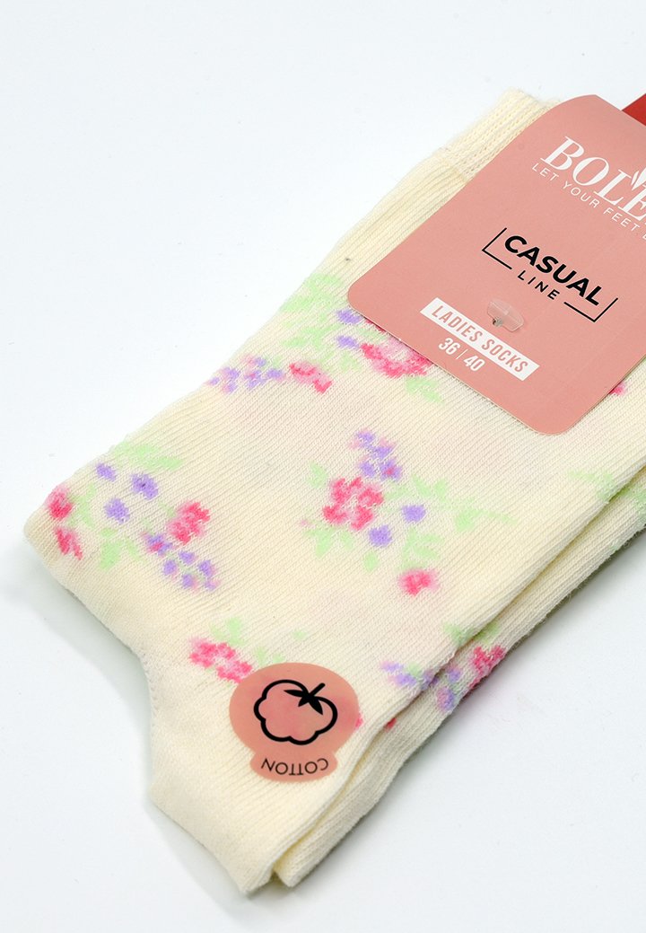 Șosete luxoase cu model, crem cu floricele