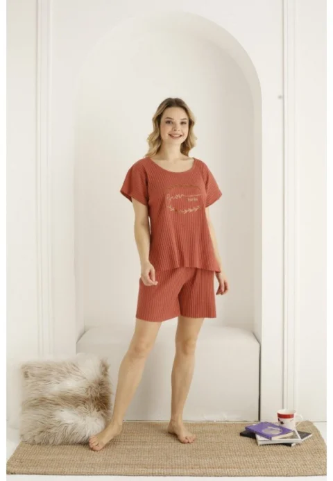 Pijama damă, maneca scurta si pantaloni scurti, culoare maro, imprimeu ,,Thanks'' — imagine 2