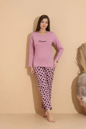 Pijama damă mov cu imprimeu vermont cu pantaloni lungi cu buline – 100% bumbac — imagine 3