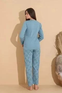 Pijama damă albastru deschis, bluză „Cute” cu ursuleț și pantaloni cu imprimeu ursuleți – 100% bumbac