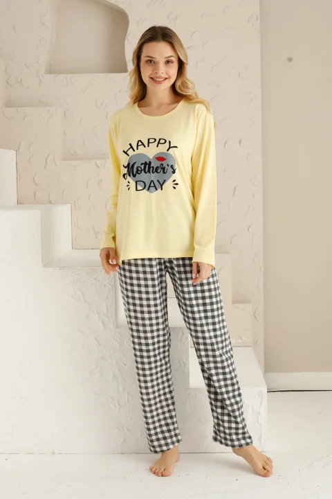 Pijama damă, mânecă lungă, pantaloni lungi, imprimeu Happy Mother's Day — imagine 1