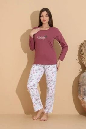 Pijama damă grena „PARIS” cu pantaloni lungi floral – 100% bumbac — imagine 3