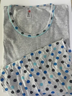 Pijama damă  din bumbac mânecă lungă și pantaloni lungi gri cu buline