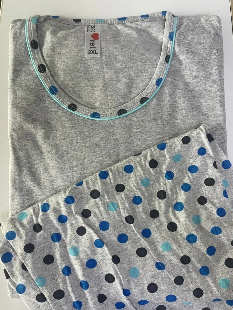 Pijama damă  din bumbac mânecă lungă și pantaloni lungi gri cu buline — imagine 1