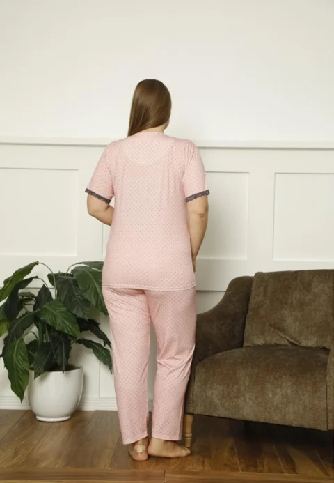 Pijamale damă Big Size, mânecă scurtă, pantaloni lungi, culoare roz, imprimeu buline — imagine 2