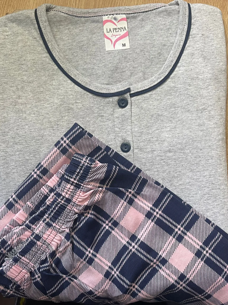 Pijama damă  din bumbac mânecă scurtă și pantaloni lungi gri cu roz