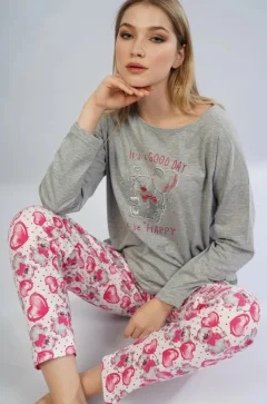 Pijamale damă cu mânecă lungă și pantaloni lungi, imprimeu It's A Good Day, gri