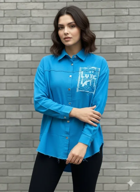 Cămașă denim damă albastră cu capse și imprimeu „Love Insensitize” — imagine 1