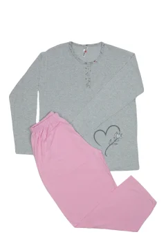Pijama damă GRI big size din bumbac mânecă lungă și pantaloni lungi ROZ