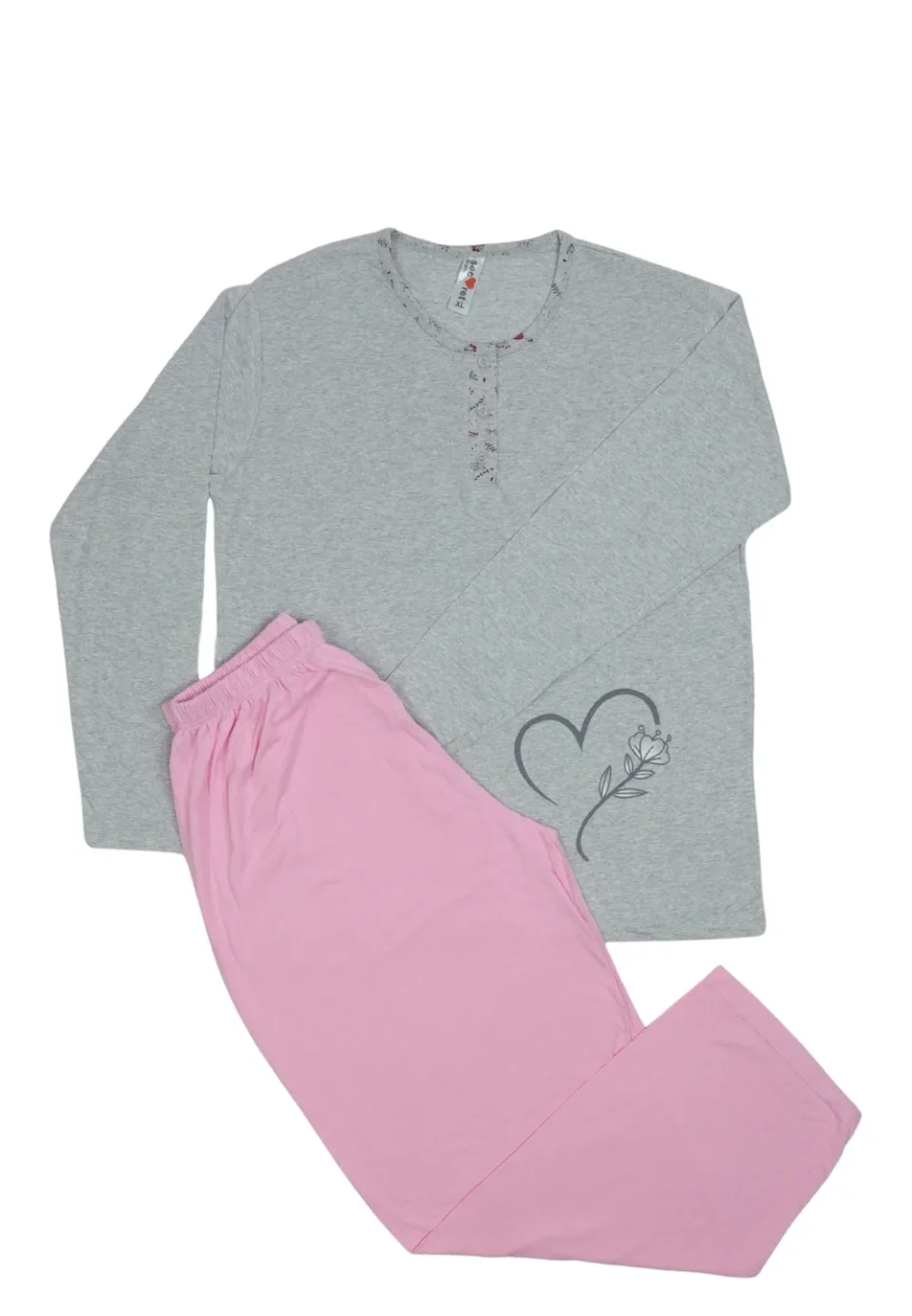 Pijama damă GRI big size din bumbac mânecă lungă și pantaloni lungi ROZ