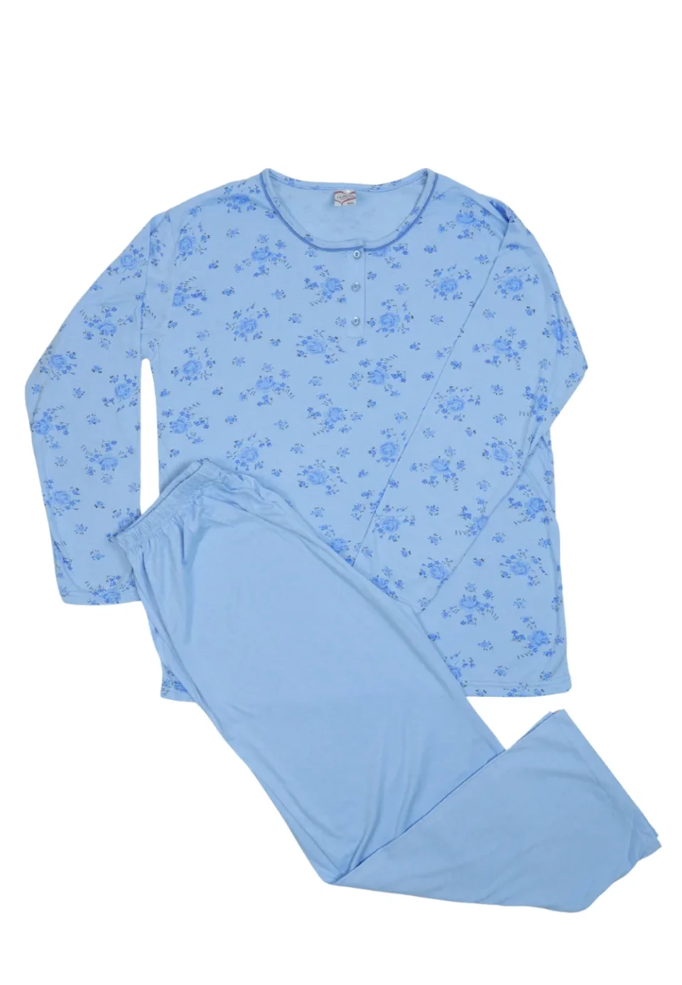 Pijama damă big size din bumbac mânecă lungă și pantaloni lungi Albastru