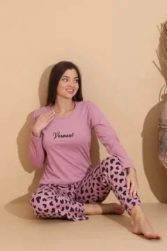 Pijama damă mov cu imprimeu vermont cu pantaloni lungi cu buline – 100% bumbac