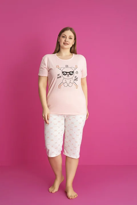 Pijama damă bumbac mărime mare – Set 2 piese: tricou + pantaloni 3/4 imprimeu SE GOOD — imagine 2