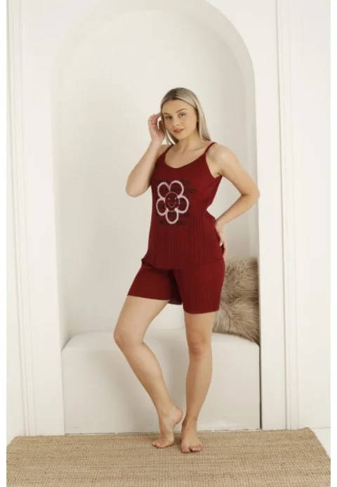 Pijama dama din bumbac cu imprimeu cu floare, maiou si pantaloni scurti,portocaliu — imagine 1