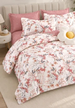 Lenjerie de pat finet cu elastic 6 piese – model floral roz-crem