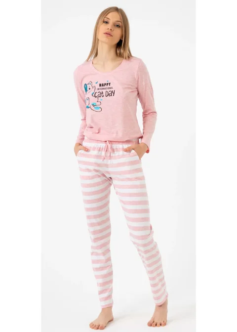 Pijamale damă cu mânecă lungă și pantaloni lungi, imprimeu Cat Day, roz