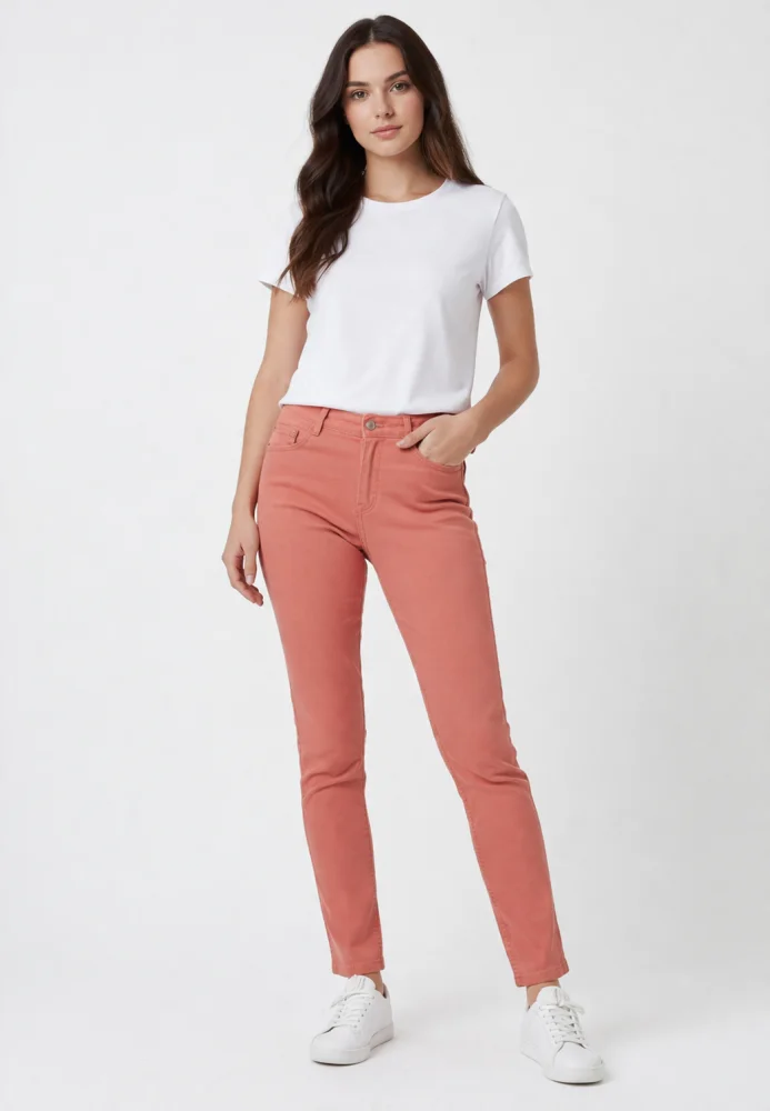 Blugi damă skinny talie înaltă – material elastic, subțire, portocaliu — imagine 1