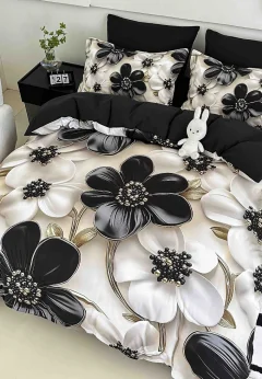 Lenjerie de pat imprimeu digital 5D cu elastic 6 piese – model floral negru