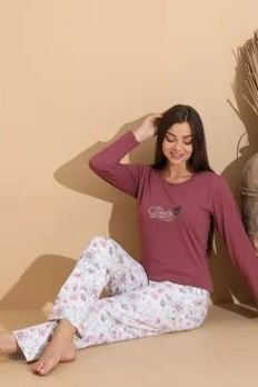 Pijama damă grena „PARIS” cu pantaloni lungi floral – 100% bumbac — imagine 2
