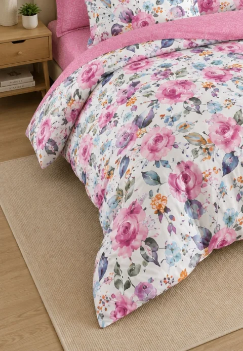 Lenjerie de pat finet cu elastic 6 piese – model trandafiri, cearsaf roz — imagine 4
