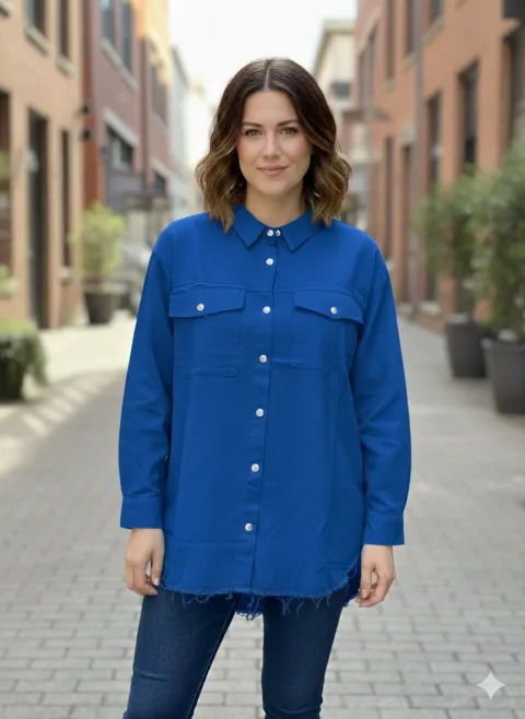 Cămașă denim damă albastru închis cu capse și buzunare la piept