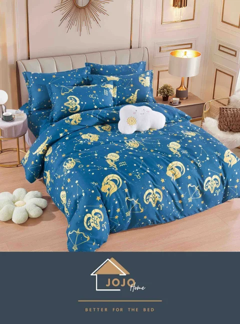 Lenjerie de pat finet cu elastic 6 piese – albastru cu zodii
