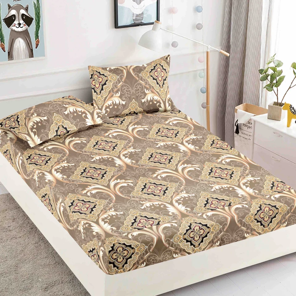 Husa de pat cu elastic pentru pat de 2 persoane MARO-BEIGE H-20