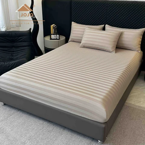 Lenjerie de pat cu elastic,  Damasc 6 piese 100 % bumbac BEIGE DM-125 — imagine 2