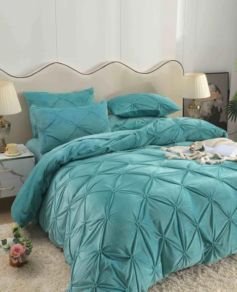 Lenjerie de pat din catifea cu pliuri, 4 piese, pentru pat dublu, culoare BLUE