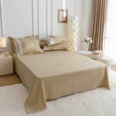 Lenjerie de Pat Dublu din Finet 6 pcs - Inimi Brodate BEIGE