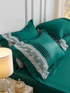 Lenjerie de Pat Dublu din Finet 6 pcs - Inimi Brodate VERDE 814