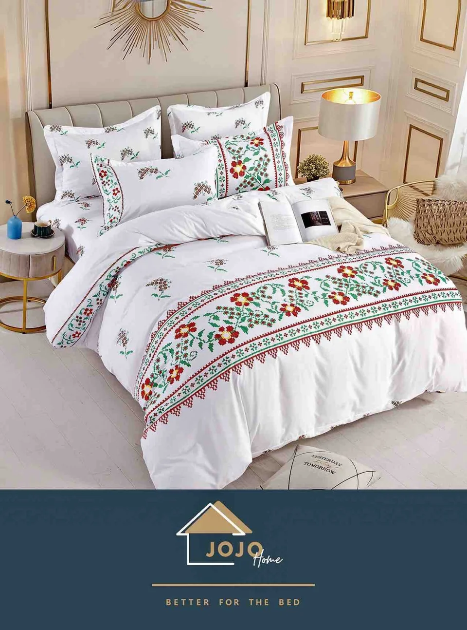 Lenjerie de pat finet cu elastic 6 piese –ALB cu verde si rosu