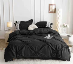 Lenjerie de Pat Dublu din Finet 6 pcs - Inimi Brodate NEGRU 810