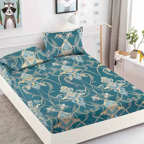 Husa de pat cu elastic pentru pat de 2 persoane VERDE -AURIU