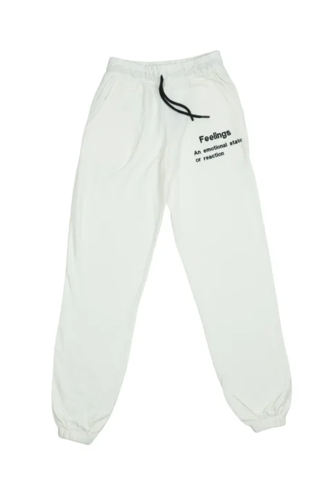Pantaloni de trening damă albi cu șiret și imprimeu "Feeling