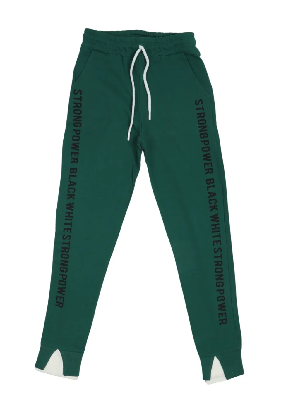 Pantaloni damă verde inchis cu șiret reglabil și imprimeu lateral „Strong Power”