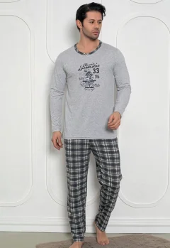 Pijama Bărbat, Mâneci Lungi și Pantaloni Lungi Asortați, Imprimeu Locomotivă, gri