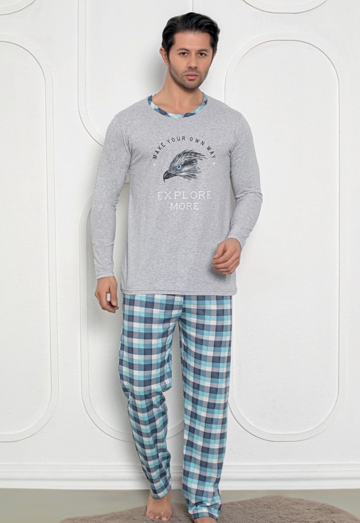 Pijama Bărbat, Mâneci Lungi și Pantaloni Lungi Asortați, Imprimeu ,,Explore More'', gri