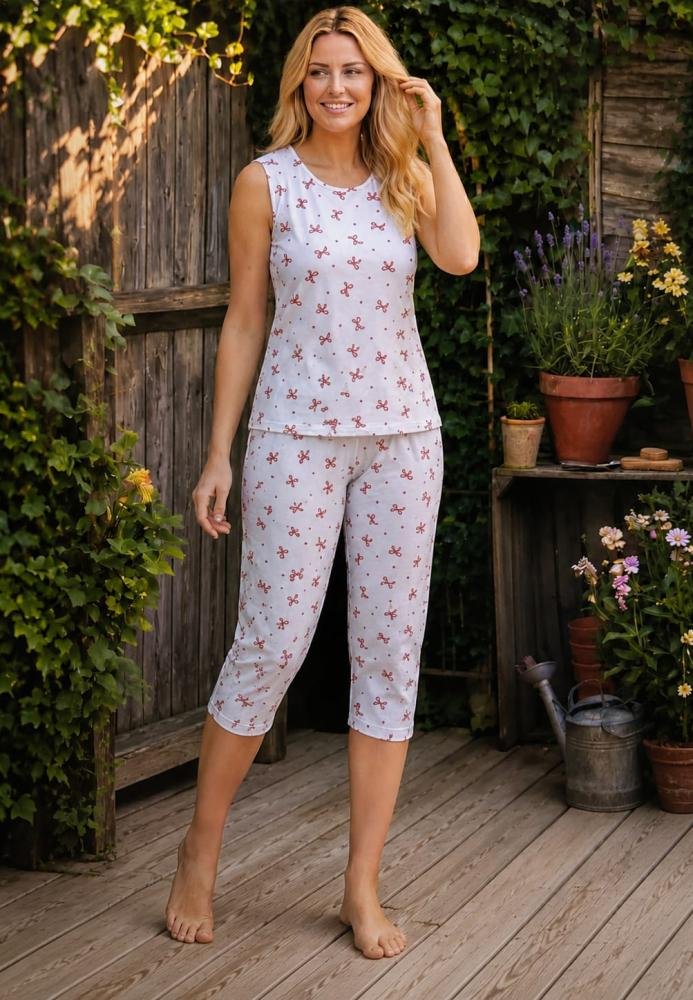 Pijama damă big size cu maneca scurta si pantaloni 3/4, alb cu fundite