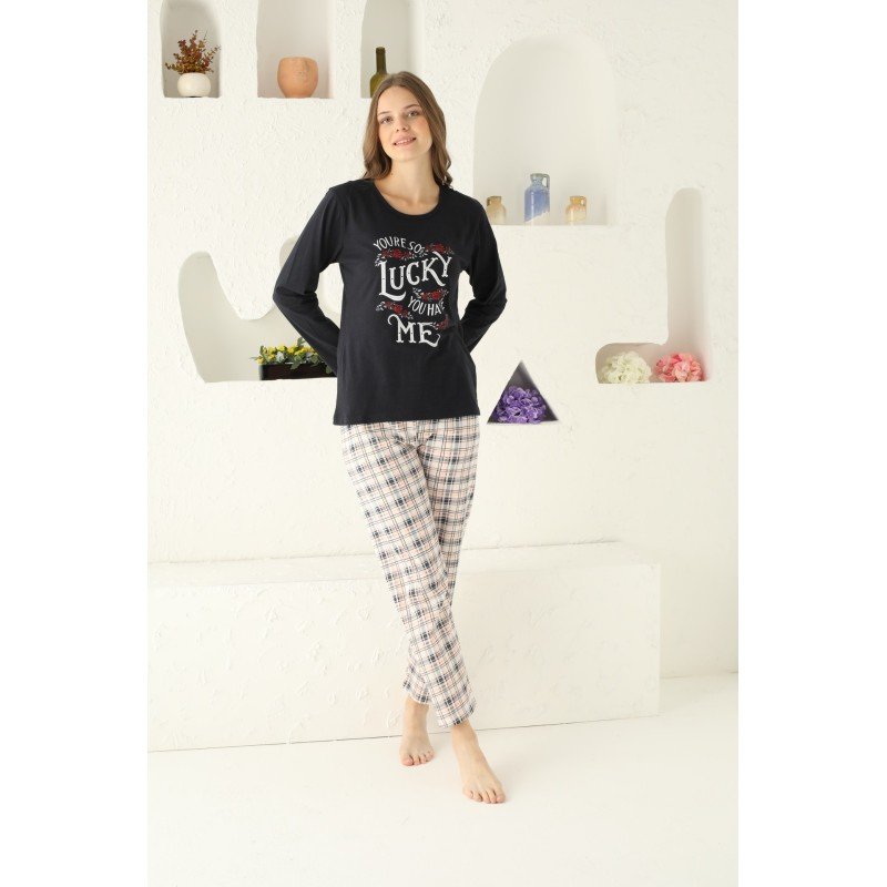 Pijama damă Big Size, mânecă lungă și pantaloni lungi, imprimeu cu Lucky, negru