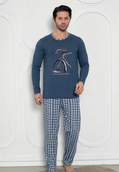 Pijama Bărbat , Mâneci Lungi și Pantaloni Lungi Asortați, Imprimeu Bicicletă, Bleumarin