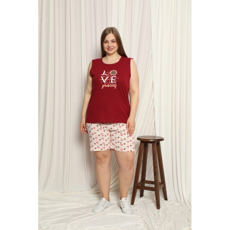 Pijama dama big size din bumbac, maiou visiniu cu imprimeu „Love Yourself” și pantaloni scurti