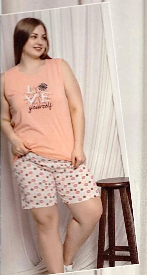 Pijama dama big size din bumbac, maiou portocaliu cu imprimeu „Love Yourself” și pantaloni scurti
