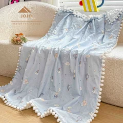 Patura copii cu ciucurasi, Bumbac 100%, BLUE cu URSULETI