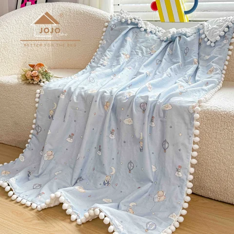 Patura copii cu ciucurasi, Bumbac 100%, BLUE cu URSULETI