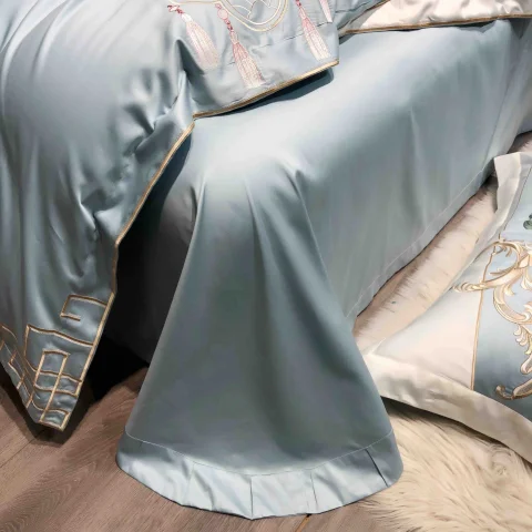 Lenjerie de pat 4pcs, satin premium cu broderie, de lux BLUE cu GRI — imagine 4
