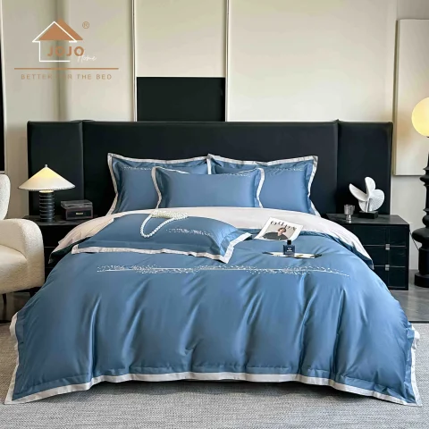 Lenjerie de pat 4pcs, satin premium cu broderie, de lux ALBASTRU cu GRI — imagine 1