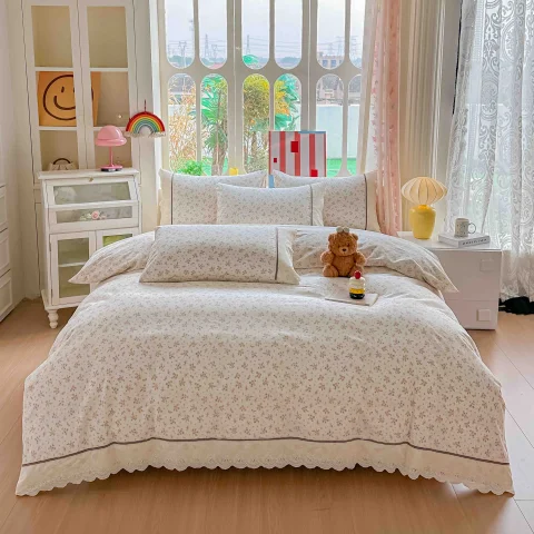 Lenjerie de pat  cu elastic si broderie, bumbac 100%, ALB, FLORICELE-AF-15 — imagine 1