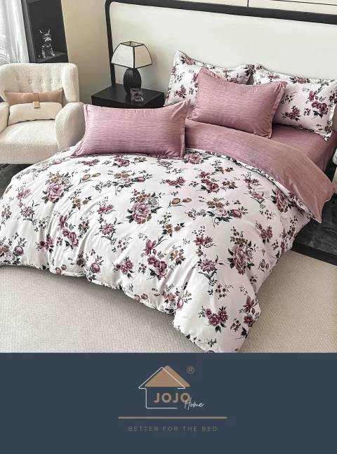 Lenjerie de pat finet, cearceaf cu elastic, 6piese, alb si mov cu floricele
