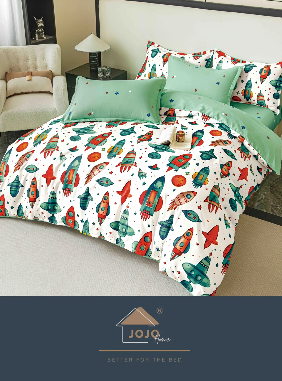 Lenjerie de pat finet, cearceaf cu elastic, 6piese, turcoaz si alb cu rachete